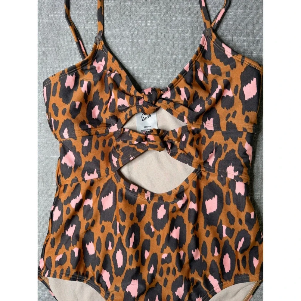 Art Class Girls Leopard‎ Print One Piece Swimsuit Cutout Tie Brown Pink L 10/12